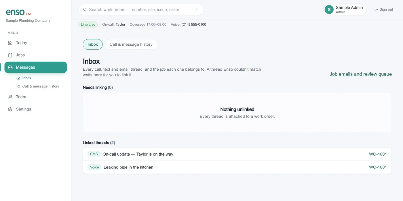 The current Enso FM inbox showing sample voice and SMS threads linked to work order WO-1001.