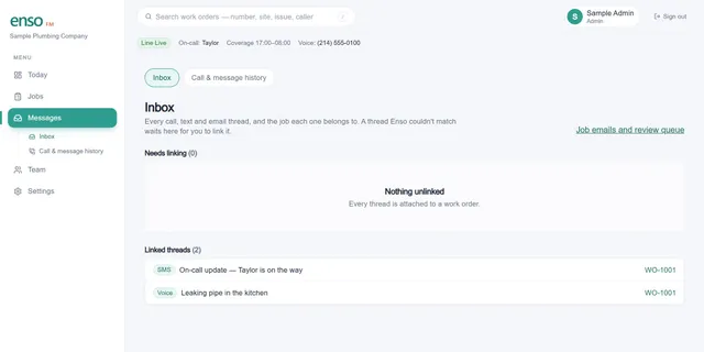 The current Enso FM inbox with sample SMS and voice threads linked to one work order.